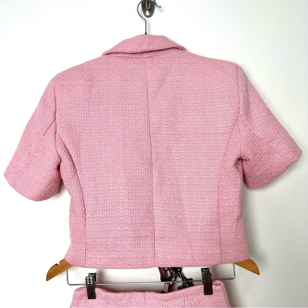 Baby Pink Cropped Tweed Short Sleeve Double Breasted High Rise Shorts Co-Ord Set - Picture 9 of 12
